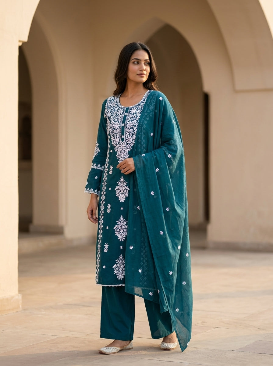 Mahesya Teal Chikankari-Inspired Floral Embroidered Kurti Set with Dupatta