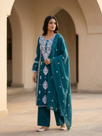 Mahesya Teal Chikankari-Inspired Floral Embroidered Kurti Set with Dupatta