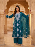 Mahesya Teal Chikankari-Inspired Floral Embroidered Kurti Set with Dupatta