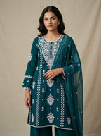 Mahesya Teal Chikankari-Inspired Floral Embroidered Kurti Set with Dupatta