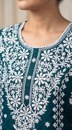 Mahesya Teal Chikankari-Inspired Floral Embroidered Kurti Set with Dupatta