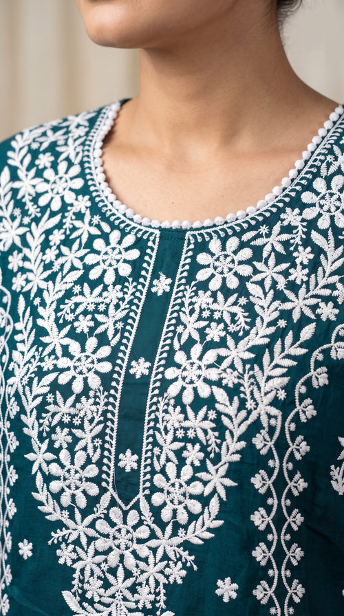 Mahesya Teal Chikankari-Inspired Floral Embroidered Kurti Set with Dupatta