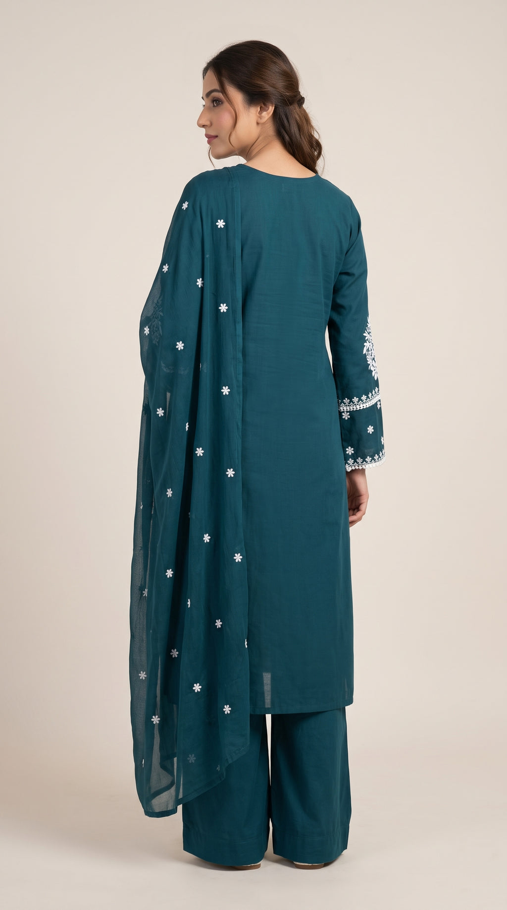 Mahesya Teal Chikankari-Inspired Floral Embroidered Kurti Set with Dupatta