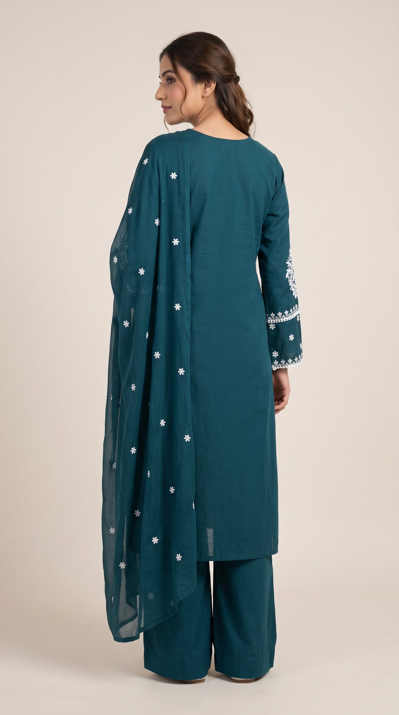 Mahesya Teal Chikankari-Inspired Floral Embroidered Kurti Set with Dupatta